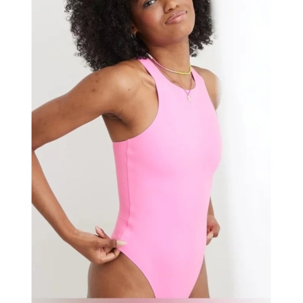 Aerie Smoothez High Neck Racerback Thong Bodysuit Neon Pink Small 3682-673